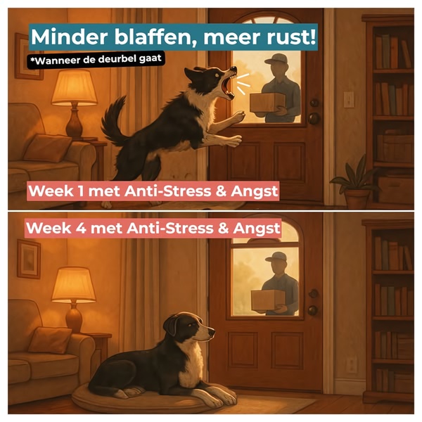 A split-screen comparison showing a reactive dog barking at a delivery person in week 1 versus a calm dog after 4 weeks of product use.